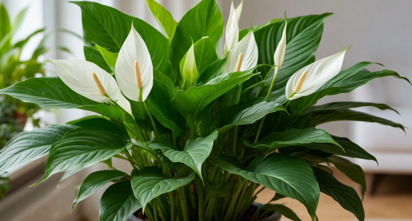 Вот что нужно спатифиллуму как воздух: растет на глазах, каждый цветок — как веер