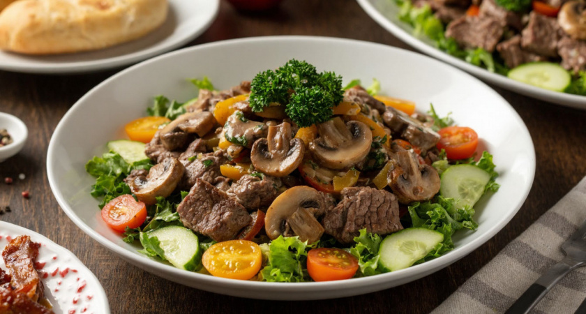 На Год Красной Огненной Лошади готовим изысканный салат с говядиной и грибами: идеальный рецепт для новогоднего стола