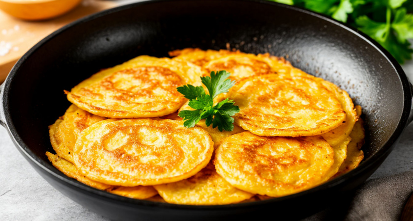 Две картофелины и одно яйцо. Вместо хлеба к супу делаю воздушные лепешки на сухой сковороде — душистые и очень сытные